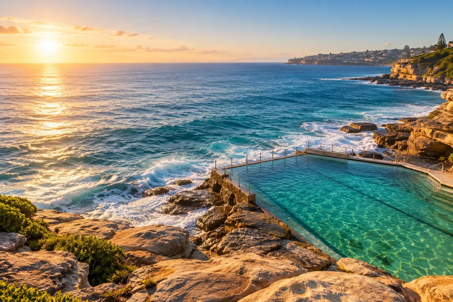Sunlight over an ocean pool and sandstone cliffs, inspired by Sydney’s coast