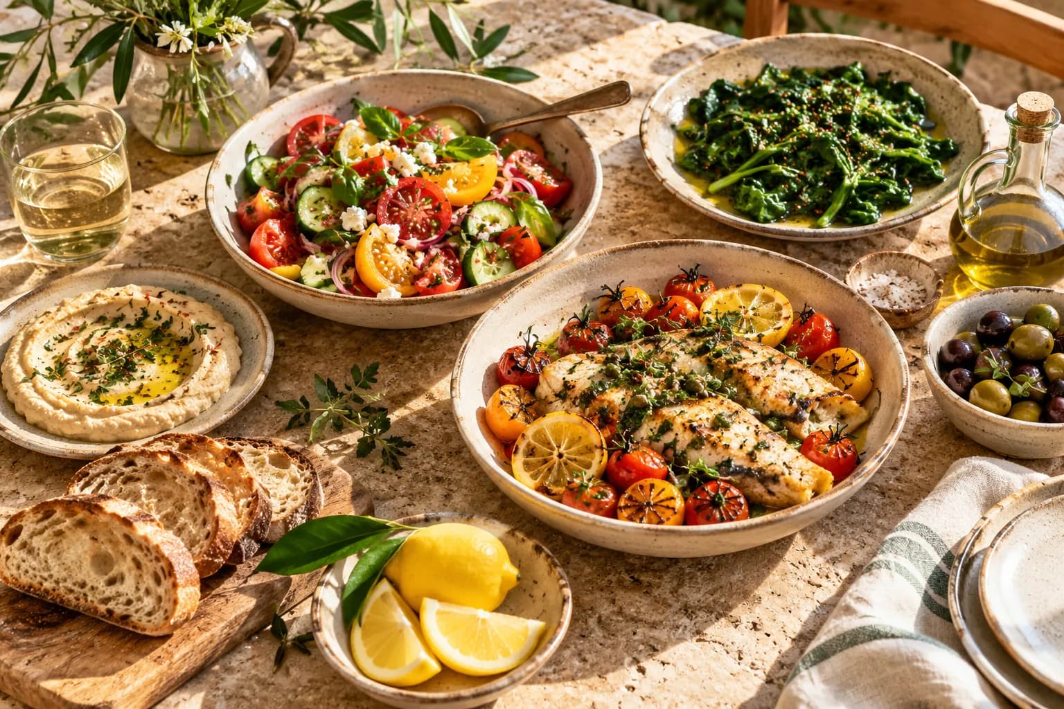 Fresh Mediterranean food set out on a sunlit table