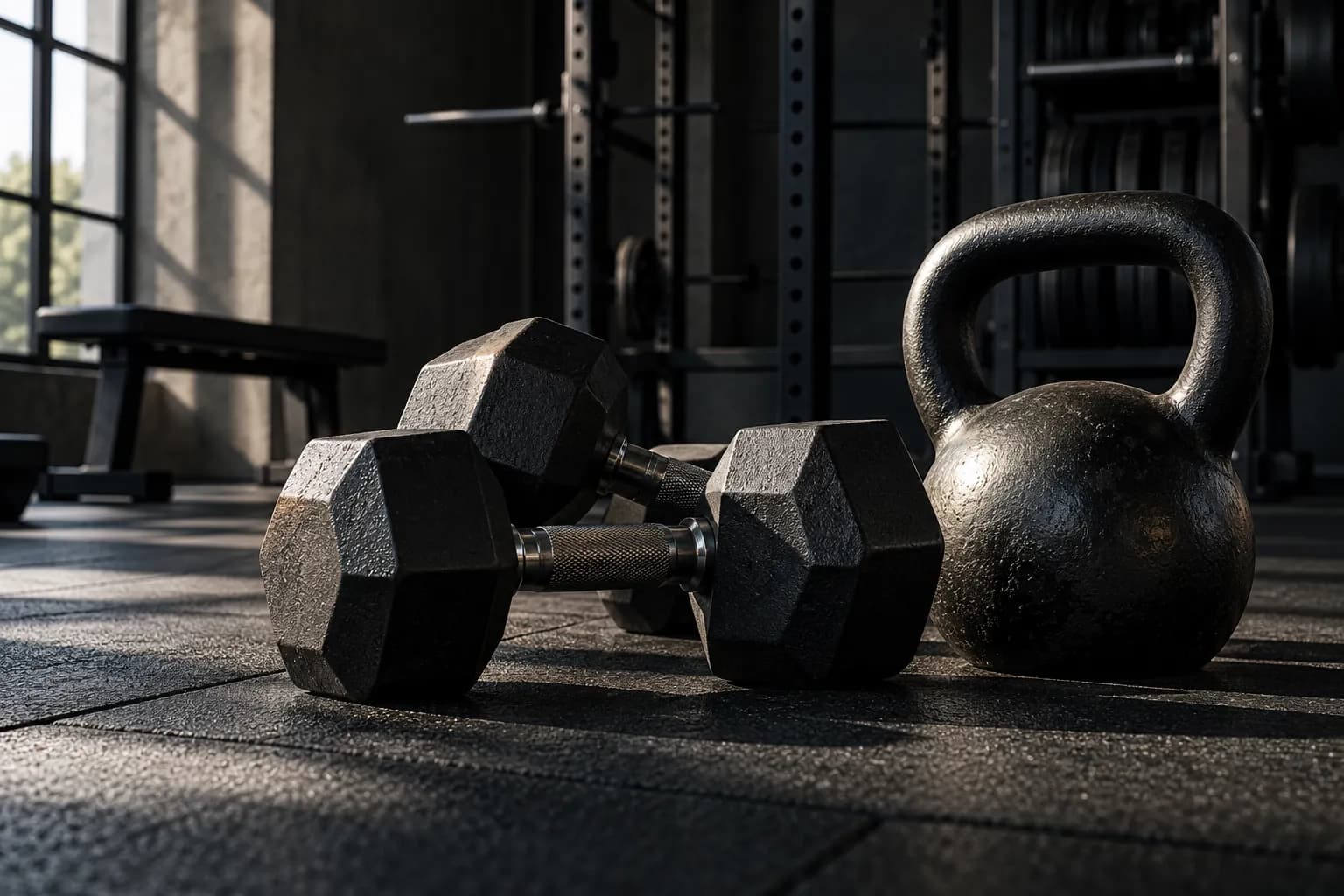 Black dumbbells and a kettlebell on a gym floor